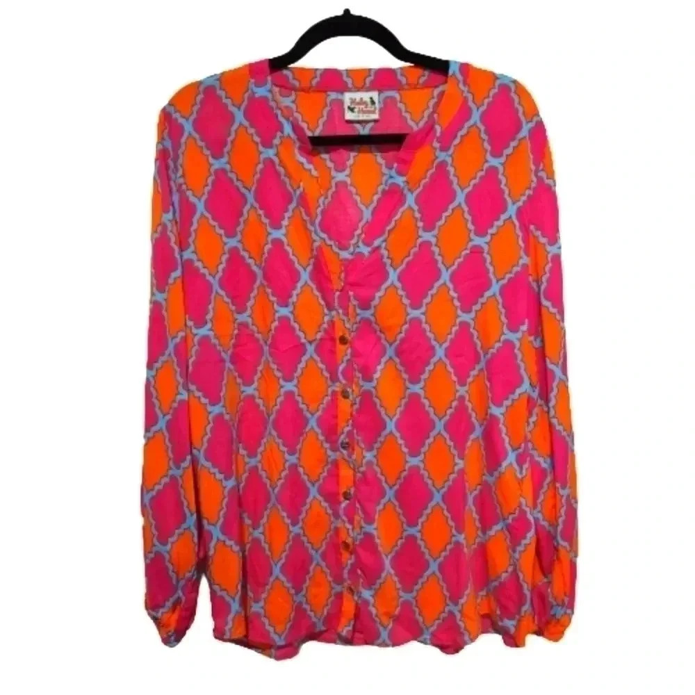 Haley & the Hound long sleeve pink and orange diamond print blouse Size Small